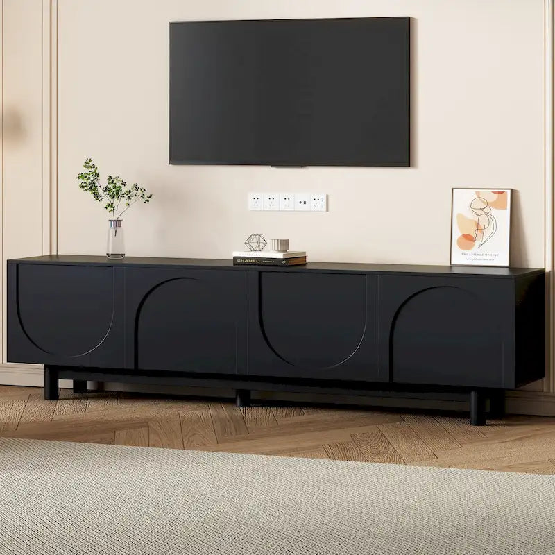Meuble TV avec portes arquées noires modernes, pieds en bois et placards de rangement