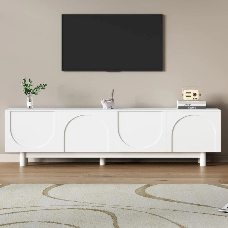 Meuble TV avec portes arquées noires modernes, pieds en bois et placards de rangement