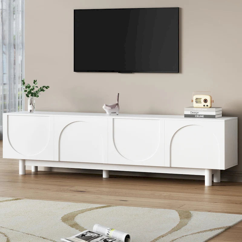 Meuble TV avec portes arquées noires modernes, pieds en bois et placards de rangement