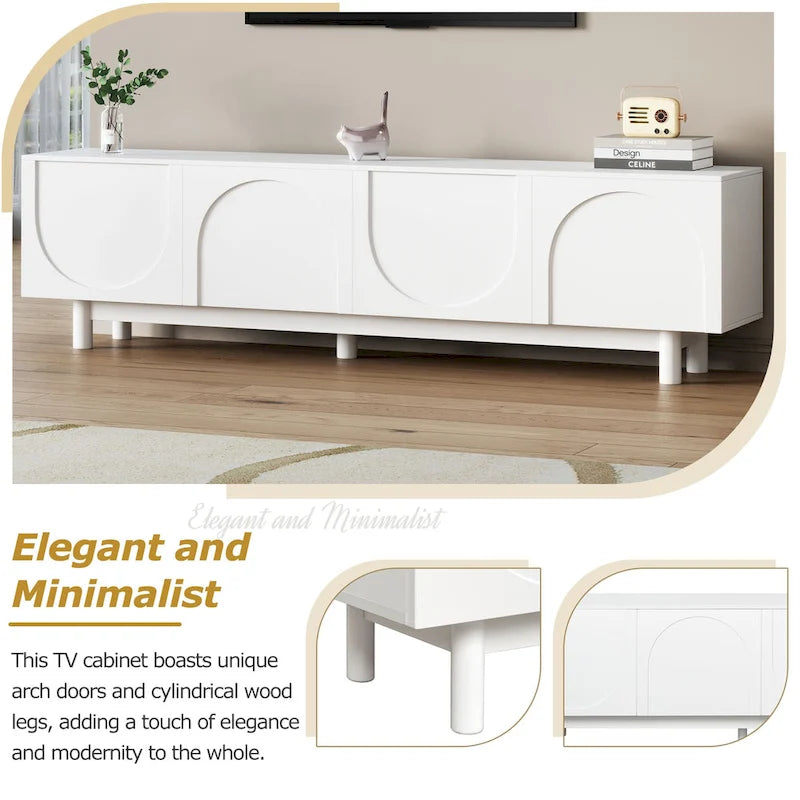 Meuble TV avec portes arquées noires modernes, pieds en bois et placards de rangement
