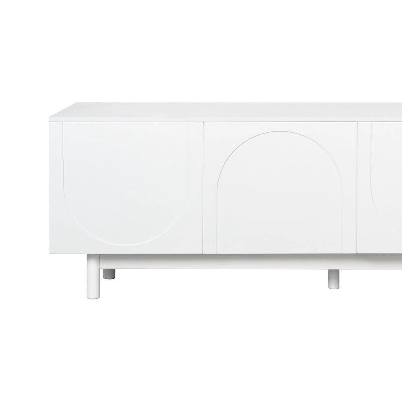 Meuble TV avec portes arquées noires modernes, pieds en bois et placards de rangement