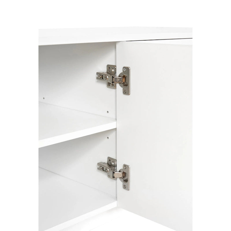 Meuble TV avec portes arquées noires modernes, pieds en bois et placards de rangement