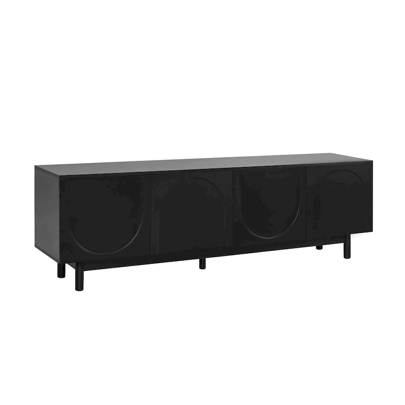 Meuble TV avec portes arquées noires modernes, pieds en bois et placards de rangement