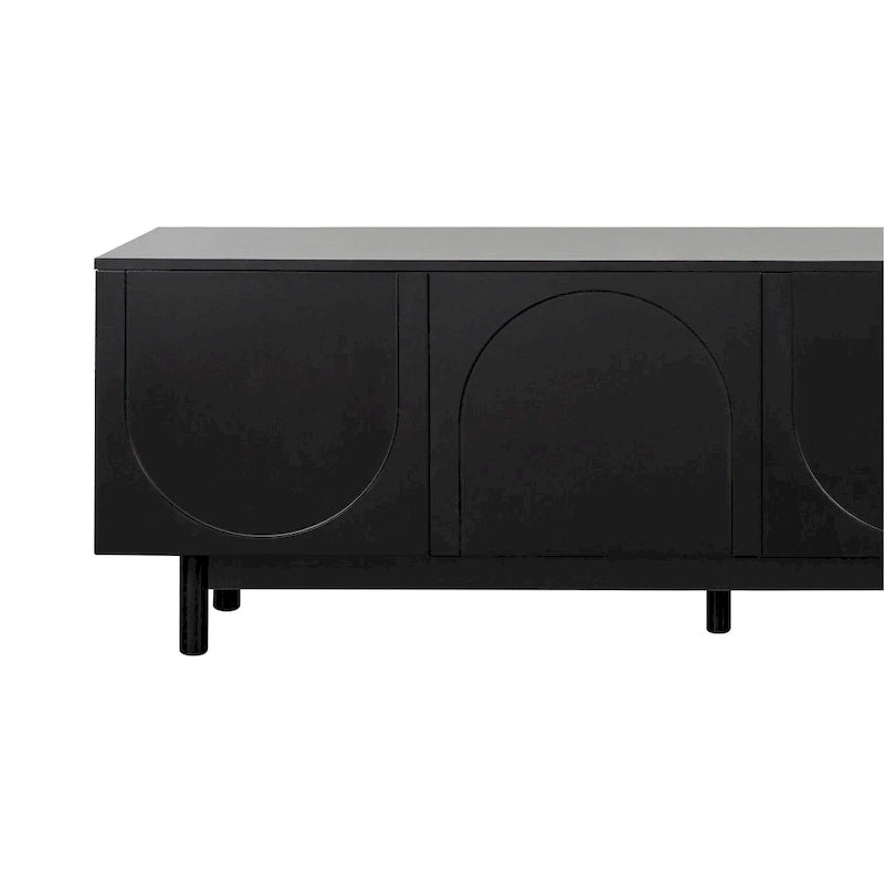 Meuble TV avec portes arquées noires modernes, pieds en bois et placards de rangement