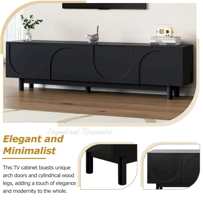 Meuble TV avec portes arquées noires modernes, pieds en bois et placards de rangement