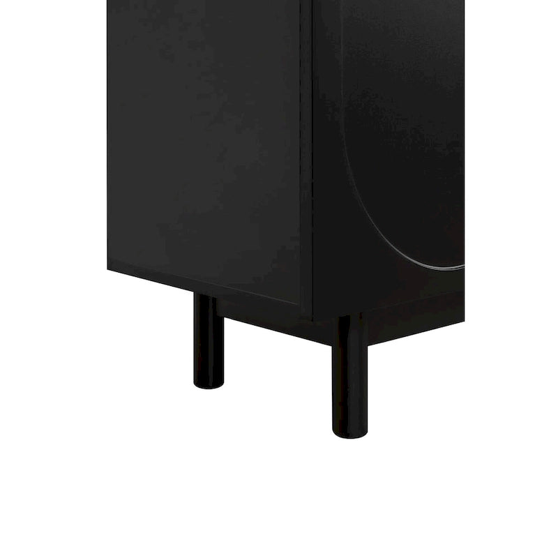 Meuble TV avec portes arquées noires modernes, pieds en bois et placards de rangement