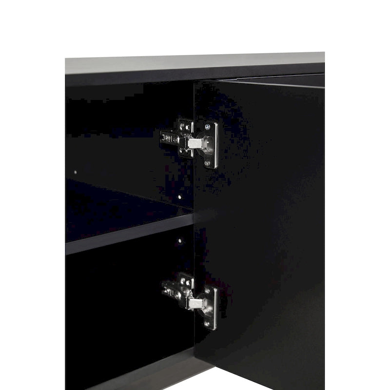 Meuble TV avec portes arquées noires modernes, pieds en bois et placards de rangement
