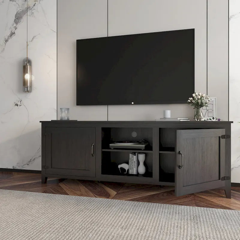 Meuble TV en bois noir avec étagères ouvertes et portes de placard
