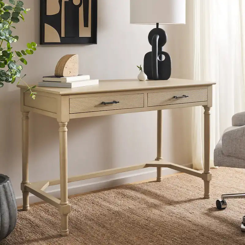 Bureau 2 tiroirs avec détails nervurés en bois naturel, style rustique