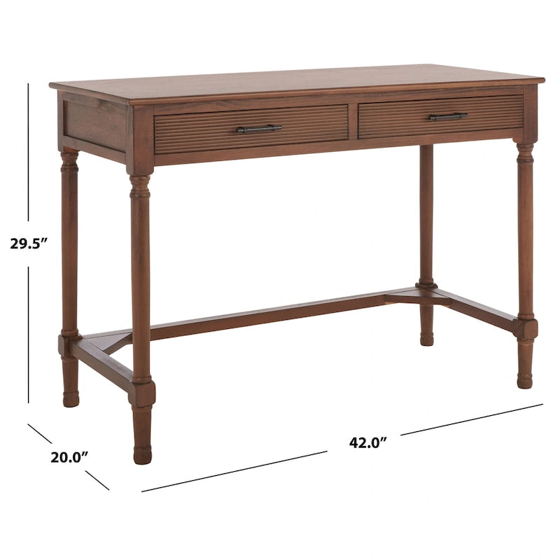 Bureau 2 tiroirs avec détails nervurés en bois naturel, style rustique