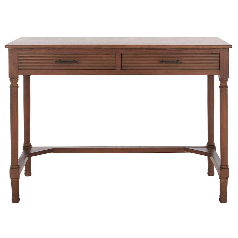 Bureau 2 tiroirs avec détails nervurés en bois naturel, style rustique