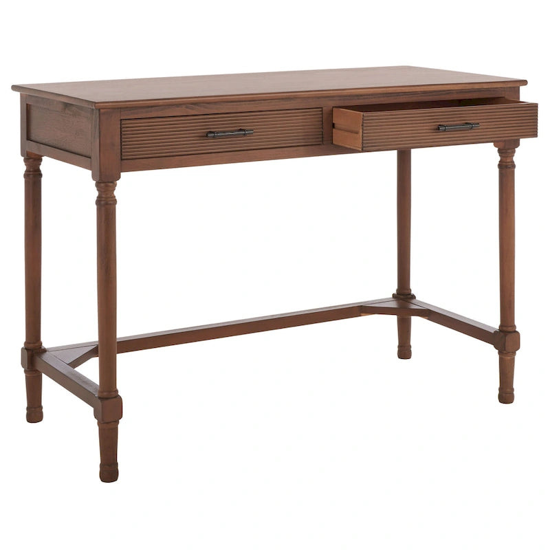 Bureau 2 tiroirs avec détails nervurés en bois naturel, style rustique