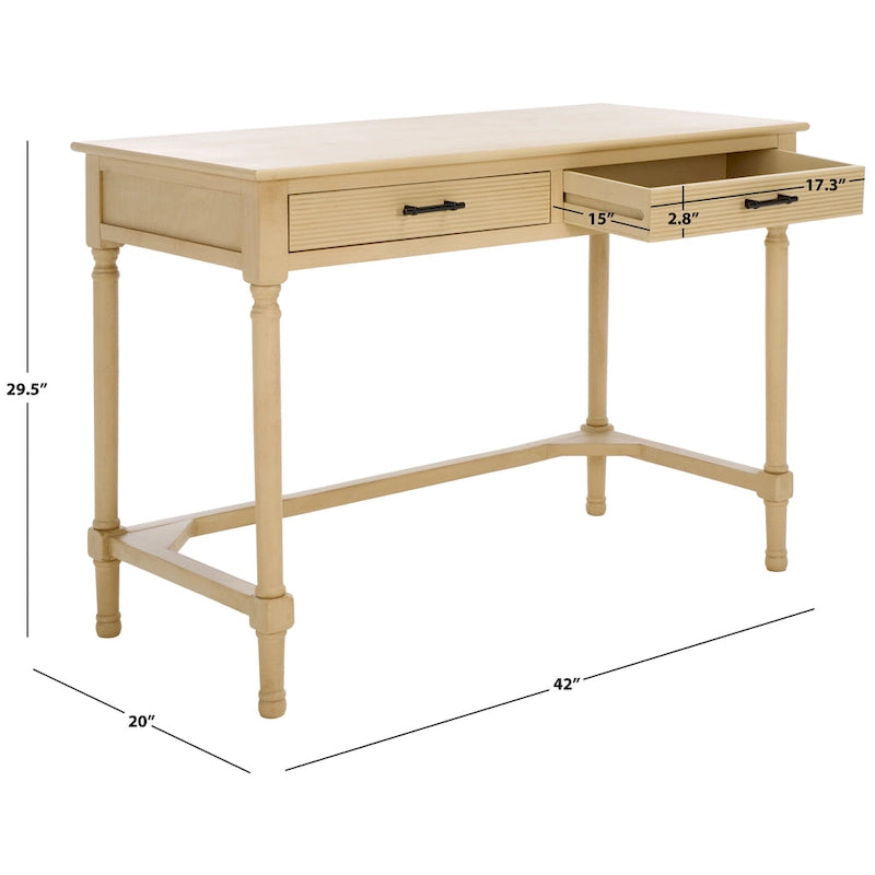 Bureau 2 tiroirs avec détails nervurés en bois naturel, style rustique