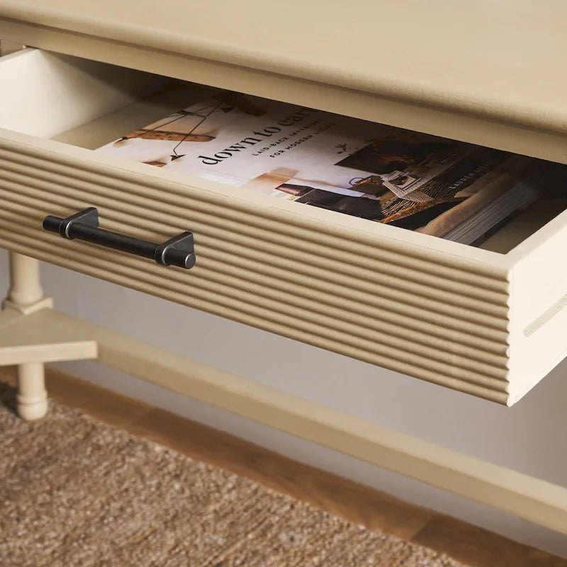 Bureau 2 tiroirs avec détails nervurés en bois naturel, style rustique