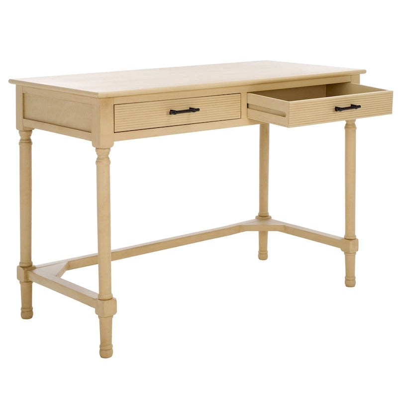 Bureau 2 tiroirs avec détails nervurés en bois naturel, style rustique