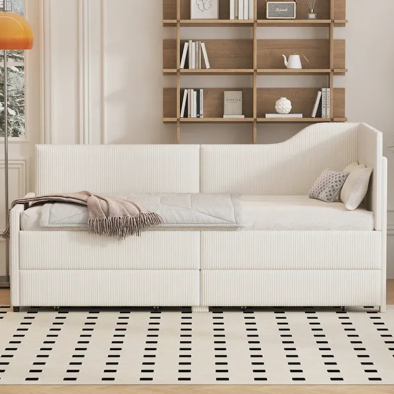 Cadre de lit de repos en velours côtelé rembourré avec tiroirs de rangement Rose Beige Bleu