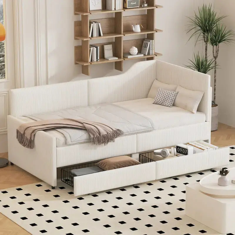 Cadre de lit de repos en velours côtelé rembourré avec tiroirs de rangement Rose Beige Bleu