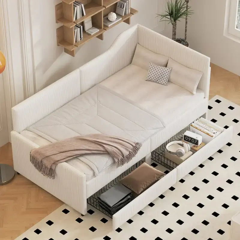 Cadre de lit de repos en velours côtelé rembourré avec tiroirs de rangement Rose Beige Bleu