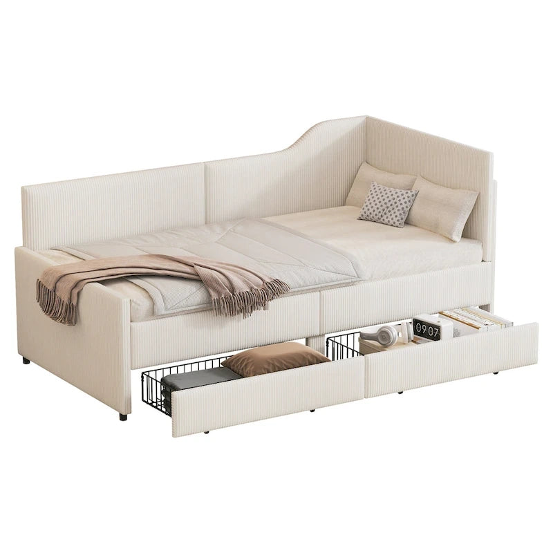Cadre de lit de repos en velours côtelé rembourré avec tiroirs de rangement Rose Beige Bleu