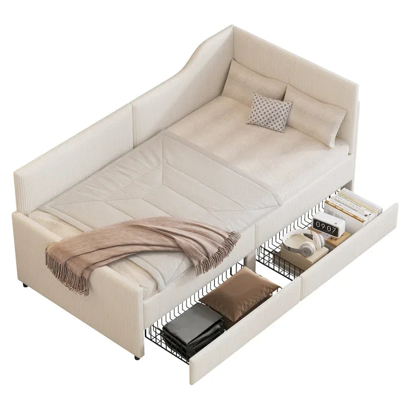 Cadre de lit de repos en velours côtelé rembourré avec tiroirs de rangement Rose Beige Bleu