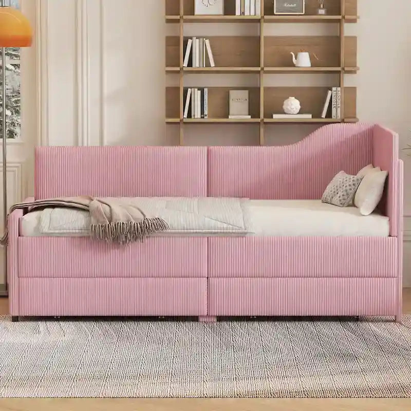 Cadre de lit de repos en velours côtelé rembourré avec tiroirs de rangement Rose Beige Bleu