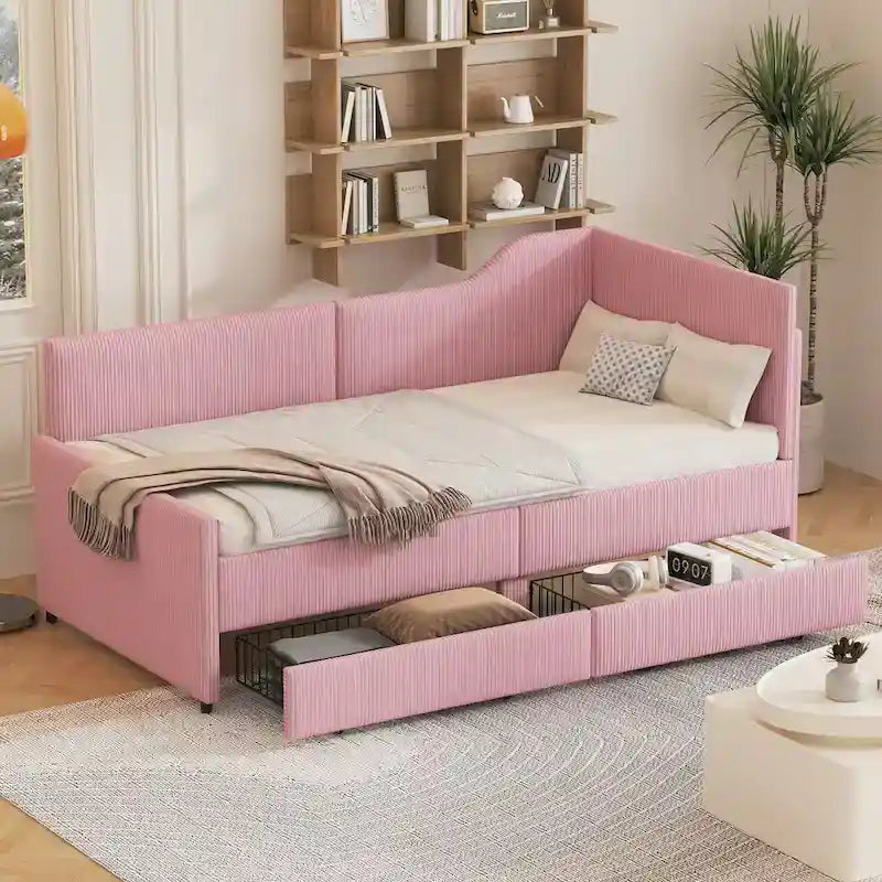 Cadre de lit de repos en velours côtelé rembourré avec tiroirs de rangement Rose Beige Bleu