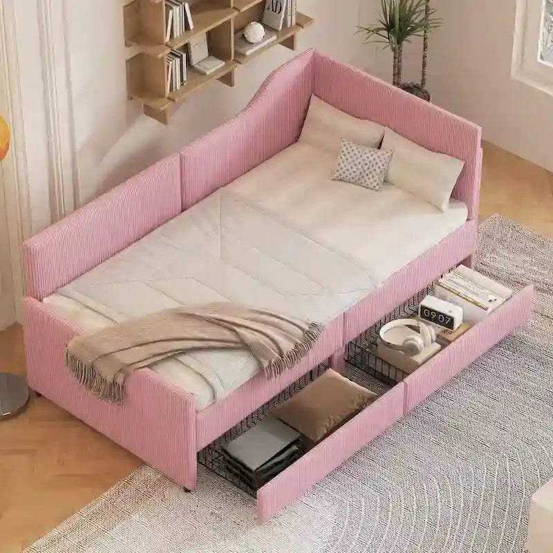 Cadre de lit de repos en velours côtelé rembourré avec tiroirs de rangement Rose Beige Bleu