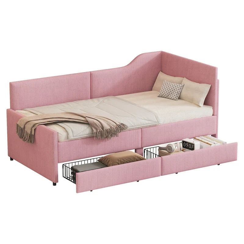 Cadre de lit de repos en velours côtelé rembourré avec tiroirs de rangement Rose Beige Bleu
