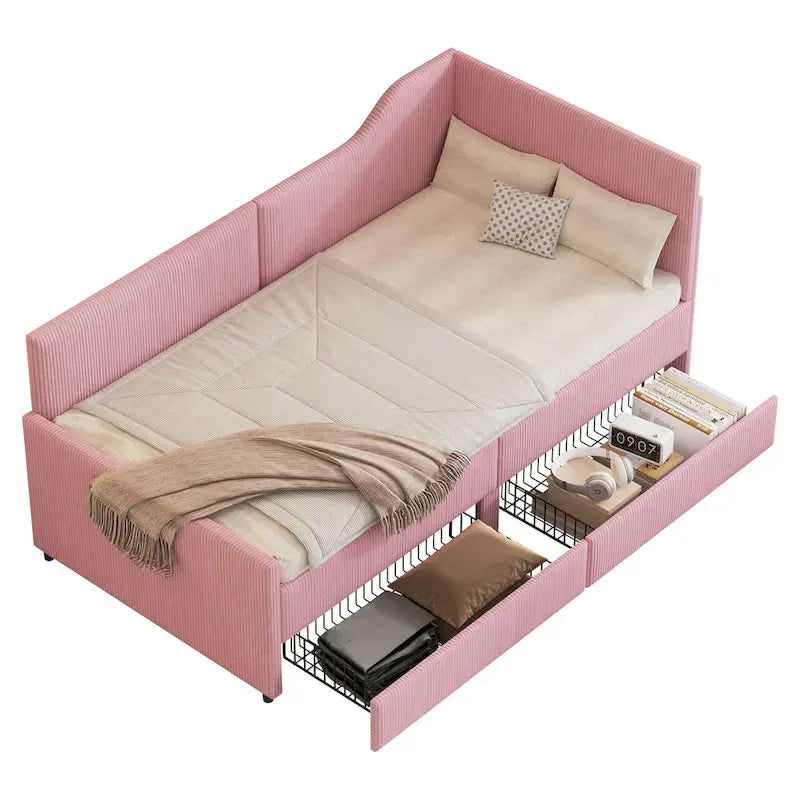 Cadre de lit de repos en velours côtelé rembourré avec tiroirs de rangement Rose Beige Bleu