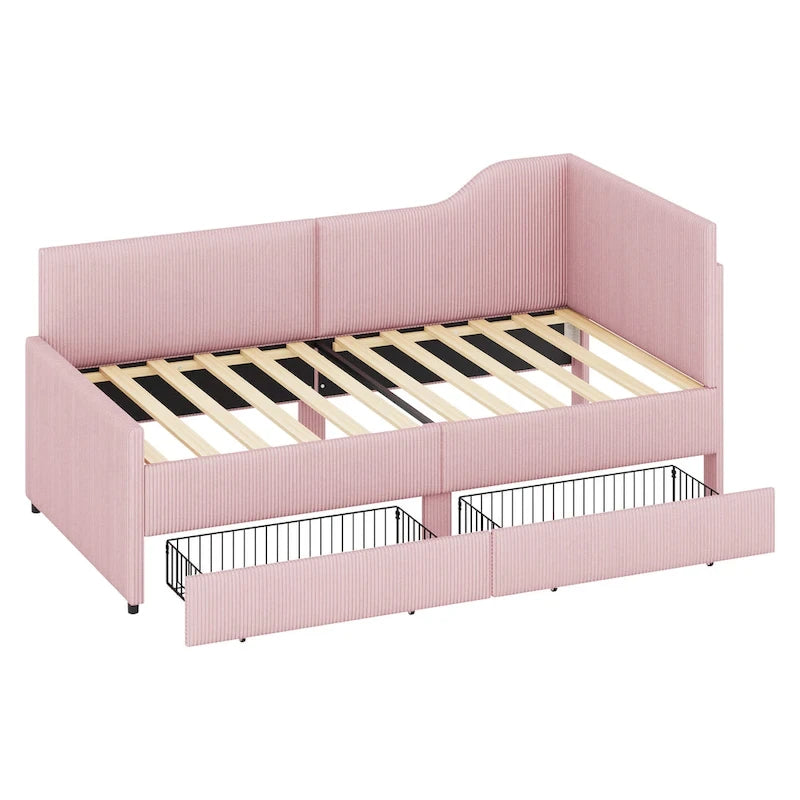 Cadre de lit de repos en velours côtelé rembourré avec tiroirs de rangement Rose Beige Bleu