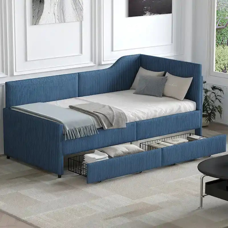 Cadre de lit de repos en velours côtelé rembourré avec tiroirs de rangement Rose Beige Bleu