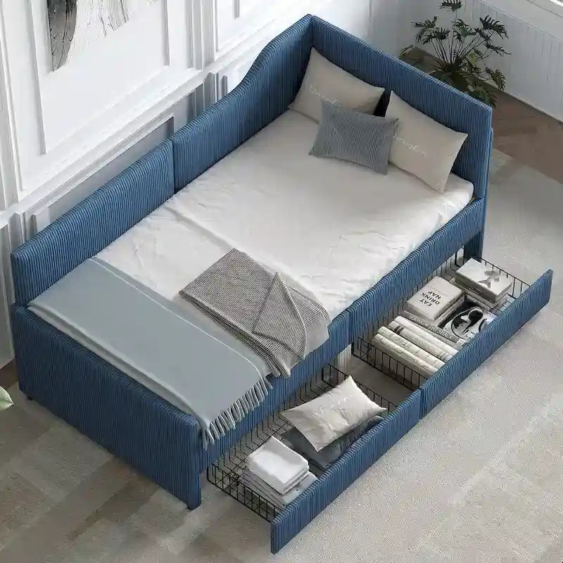 Cadre de lit de repos en velours côtelé rembourré avec tiroirs de rangement Rose Beige Bleu