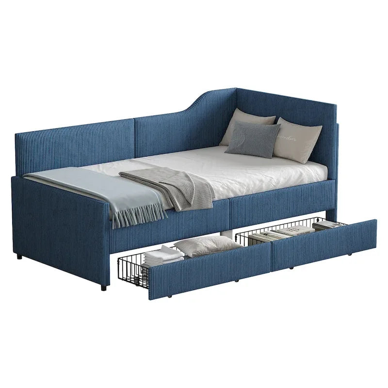 Cadre de lit de repos en velours côtelé rembourré avec tiroirs de rangement Rose Beige Bleu