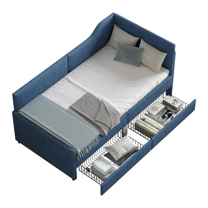 Cadre de lit de repos en velours côtelé rembourré avec tiroirs de rangement Rose Beige Bleu
