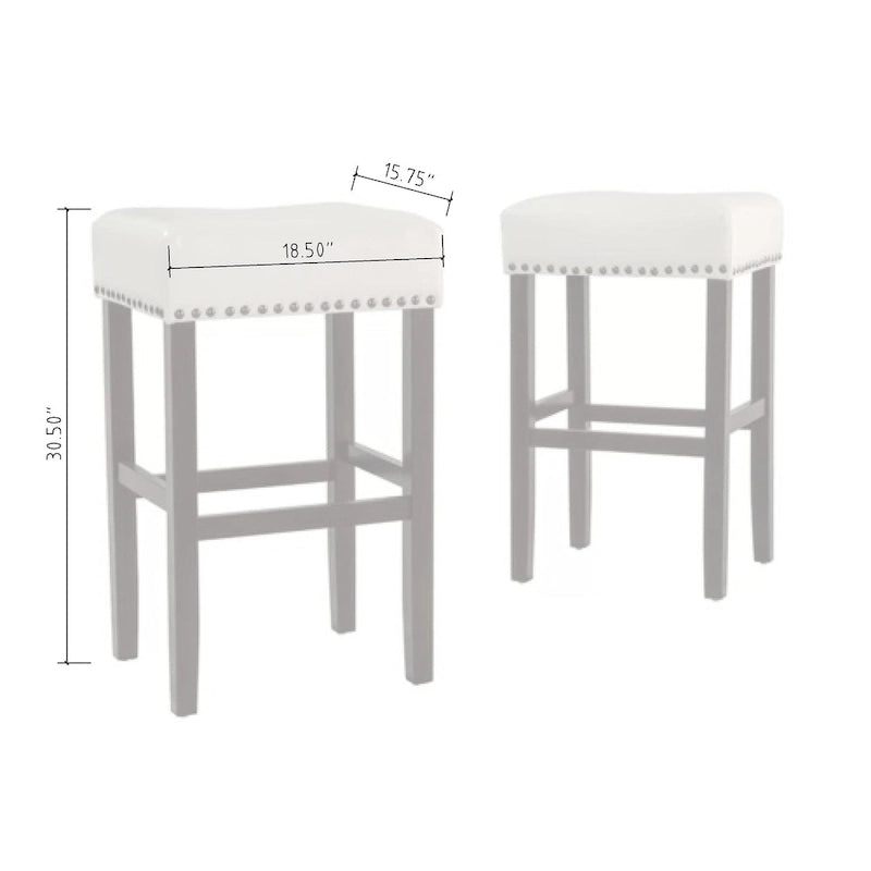 Tabouret de bar sans dossier en cuir ivoire avec garniture cloutée en bois