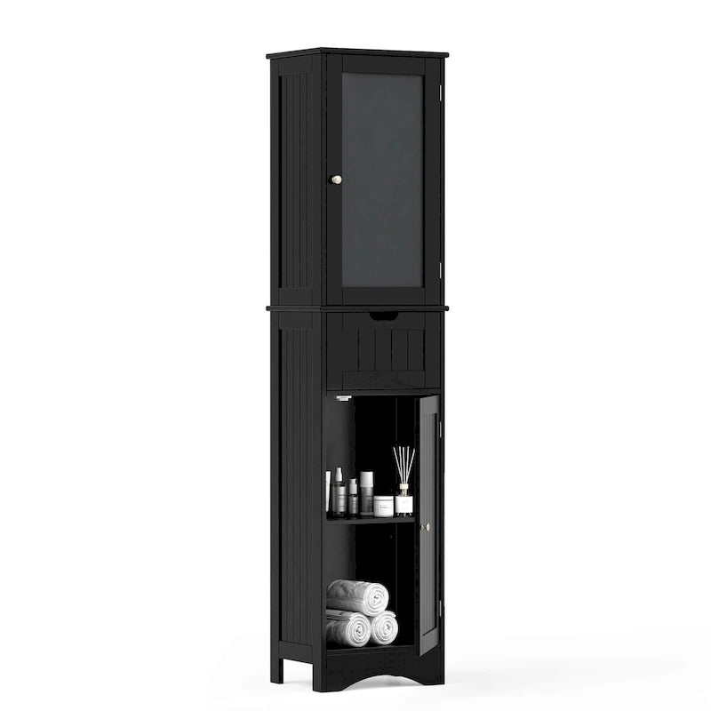 Meuble de Rangement Vertical Étroit avec Portes en Verre Givré et Tiroir Noir Gris Blanc