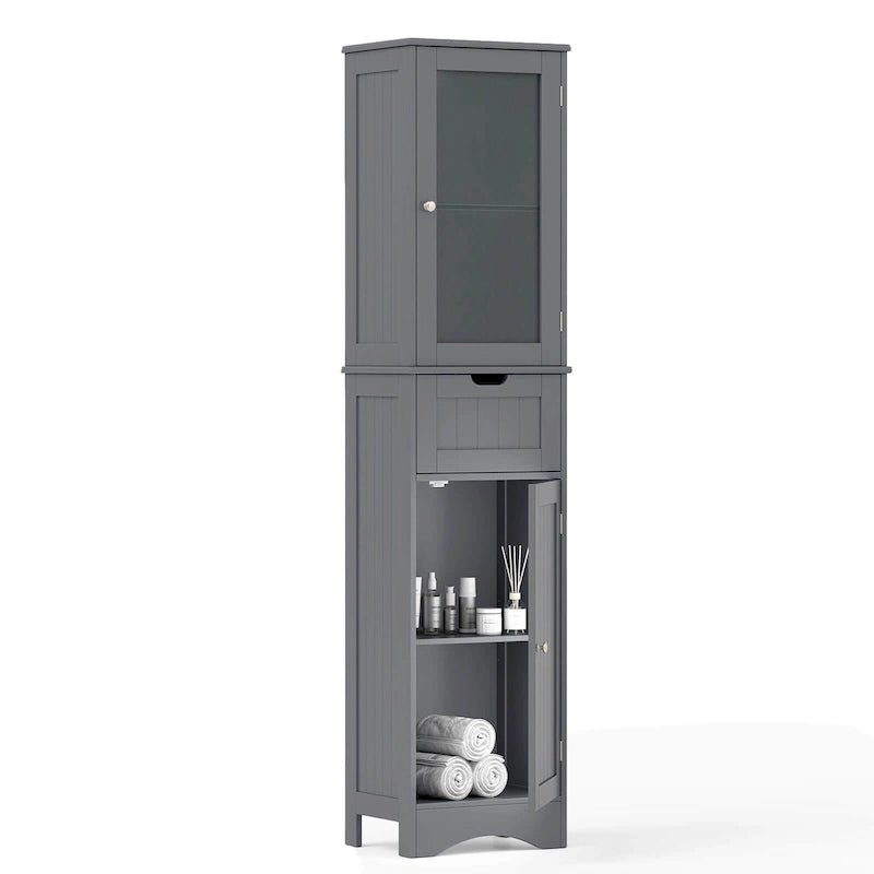 Meuble de Rangement Vertical Étroit avec Portes en Verre Givré et Tiroir Noir Gris Blanc