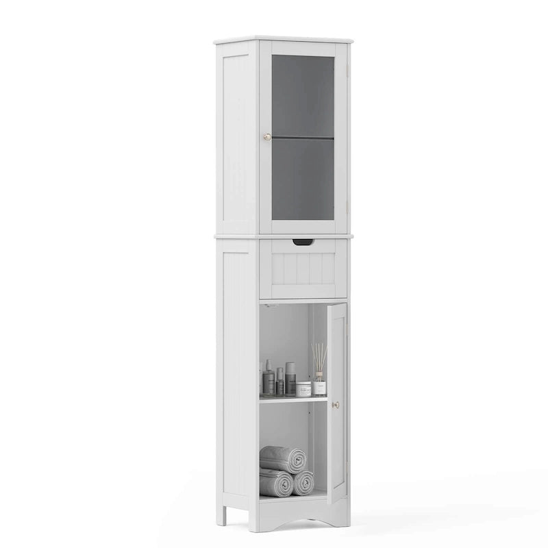 Meuble de Rangement Vertical Étroit avec Portes en Verre Givré et Tiroir Noir Gris Blanc
