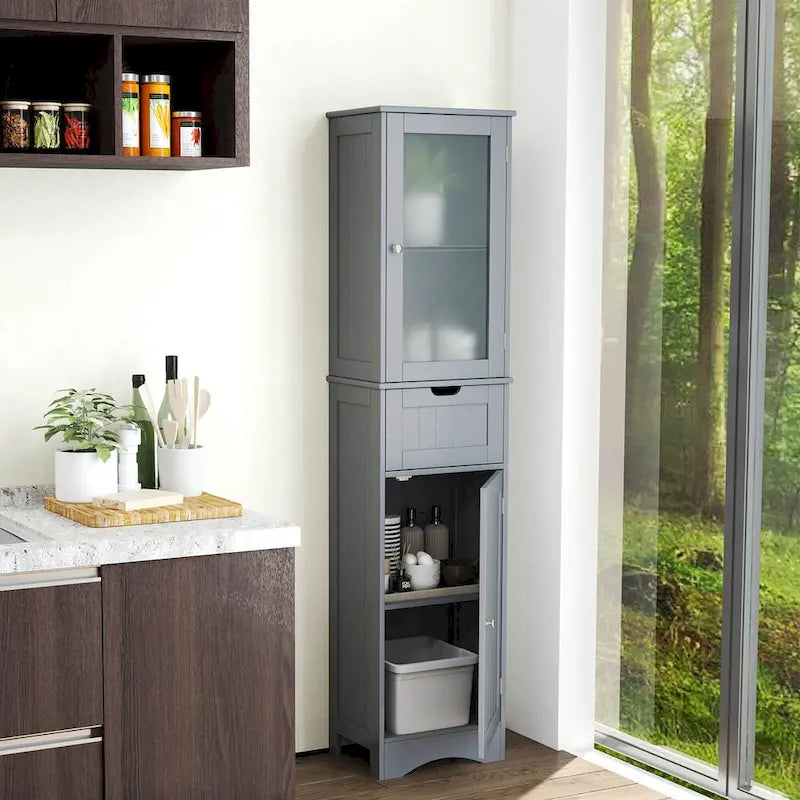 Meuble de Rangement Vertical Étroit avec Portes en Verre Givré et Tiroir Noir Gris Blanc