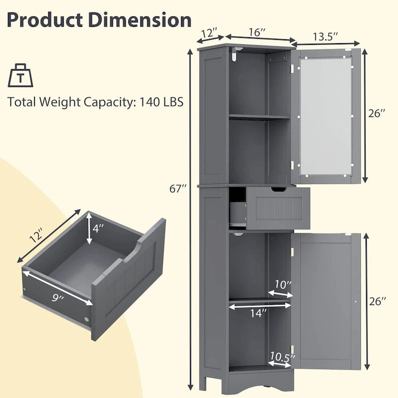 Meuble de Rangement Vertical Étroit avec Portes en Verre Givré et Tiroir Noir Gris Blanc