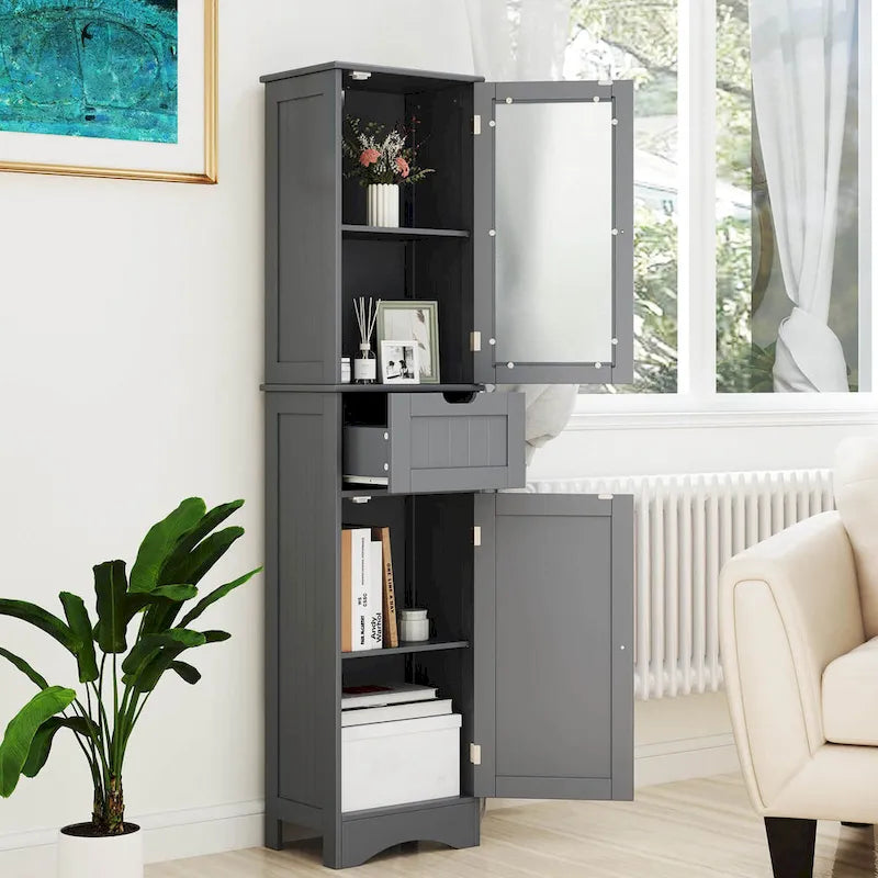 Meuble de Rangement Vertical Étroit avec Portes en Verre Givré et Tiroir Noir Gris Blanc