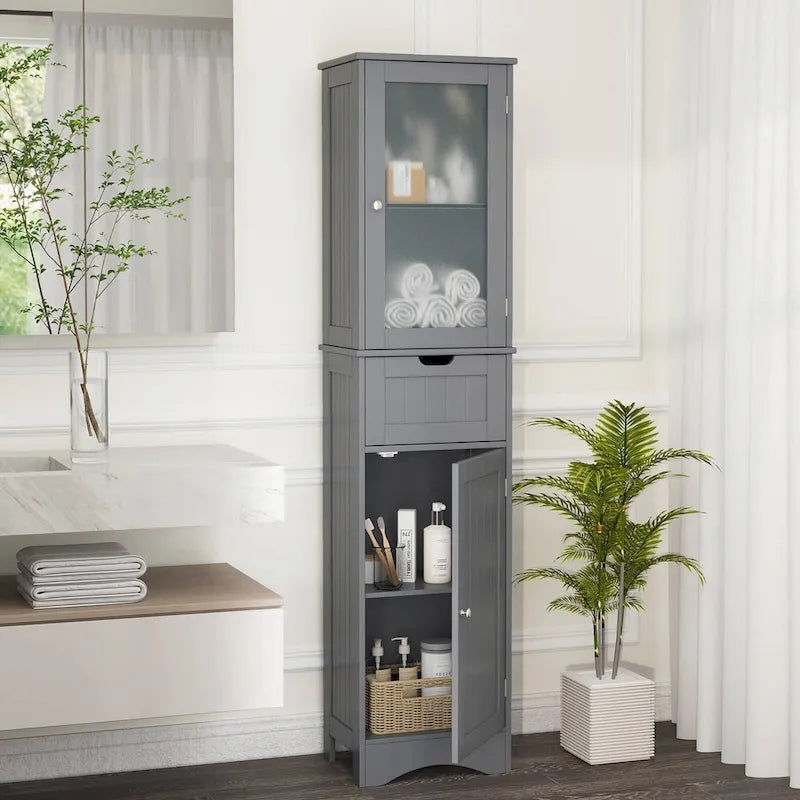 Meuble de Rangement Vertical Étroit avec Portes en Verre Givré et Tiroir Noir Gris Blanc