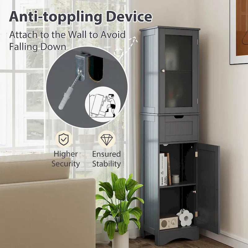 Meuble de Rangement Vertical Étroit avec Portes en Verre Givré et Tiroir Noir Gris Blanc