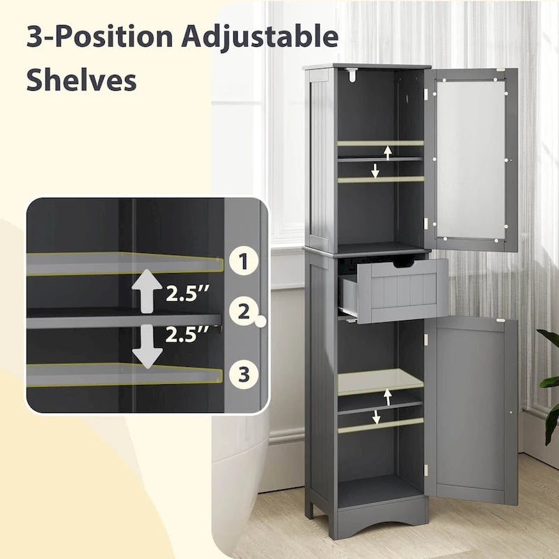 Meuble de Rangement Vertical Étroit avec Portes en Verre Givré et Tiroir Noir Gris Blanc