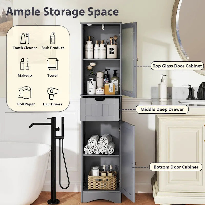 Meuble de Rangement Vertical Étroit avec Portes en Verre Givré et Tiroir Noir Gris Blanc