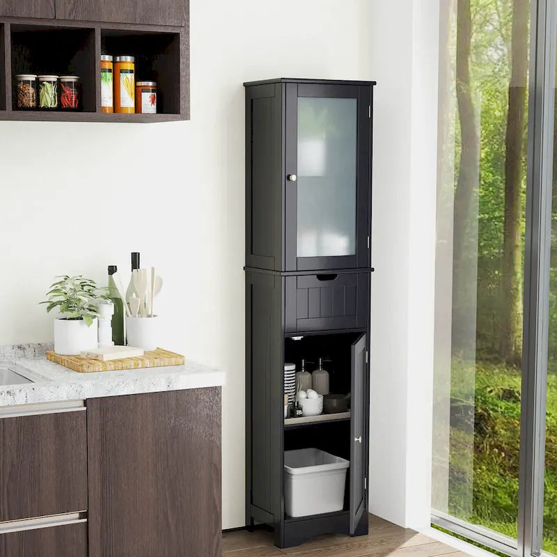 Meuble de Rangement Vertical Étroit avec Portes en Verre Givré et Tiroir Noir Gris Blanc