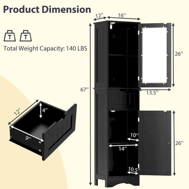 Meuble de Rangement Vertical Étroit avec Portes en Verre Givré et Tiroir Noir Gris Blanc