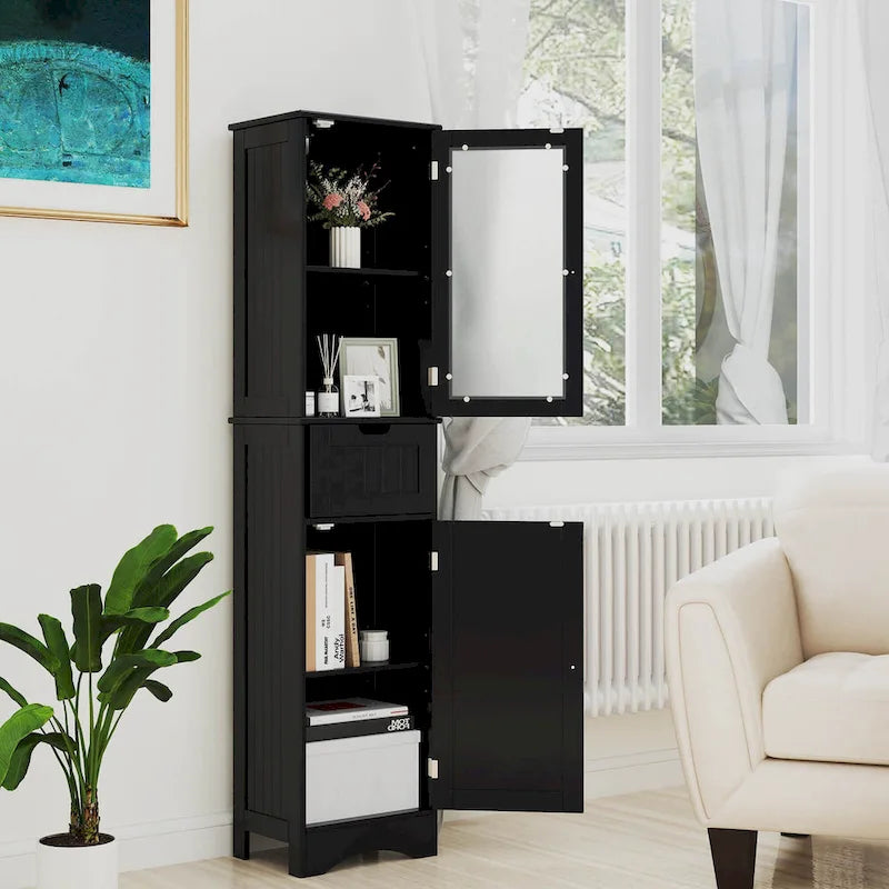 Meuble de Rangement Vertical Étroit avec Portes en Verre Givré et Tiroir Noir Gris Blanc