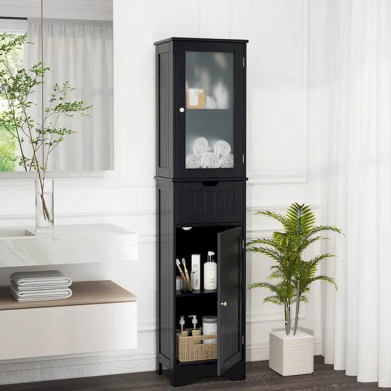 Meuble de Rangement Vertical Étroit avec Portes en Verre Givré et Tiroir Noir Gris Blanc