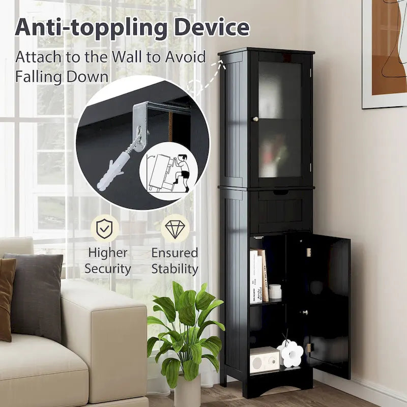Meuble de Rangement Vertical Étroit avec Portes en Verre Givré et Tiroir Noir Gris Blanc
